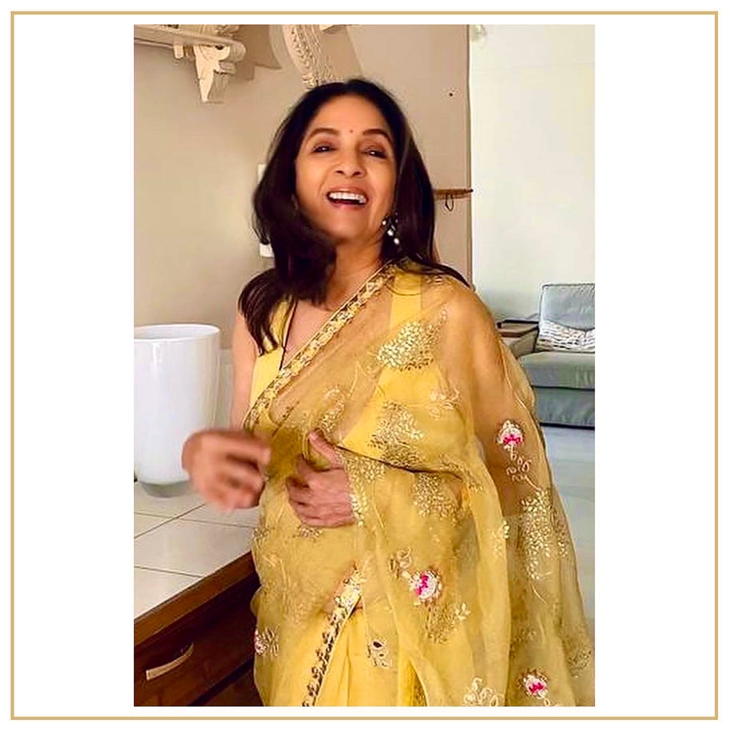 Yellow Hand Embroidered Gota Patti Jaal Saree Set