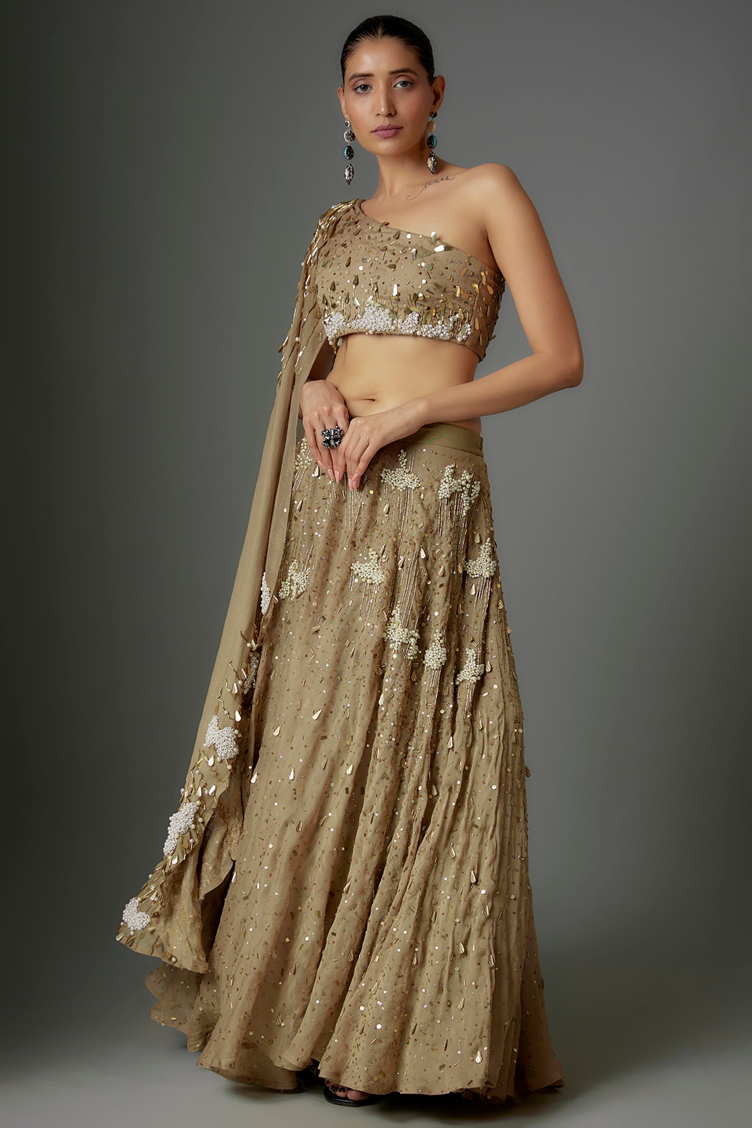 Tan Gold Sequins Lehenga