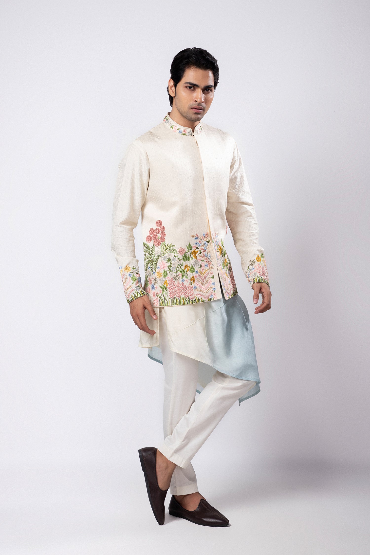 Ivory-Sky Ombre Embroidered Nehru
