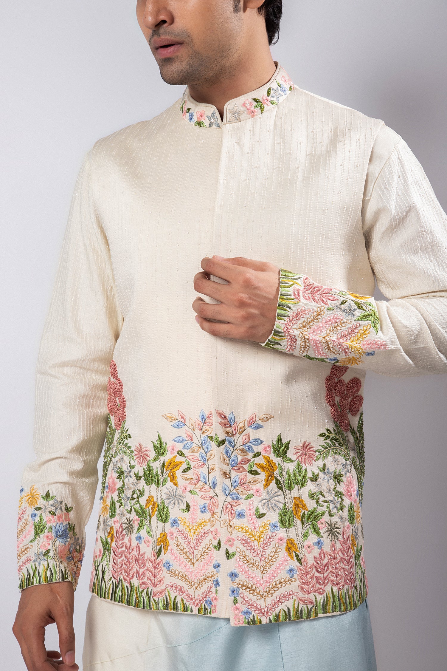 Ivory-Sky Ombre Embroidered Nehru