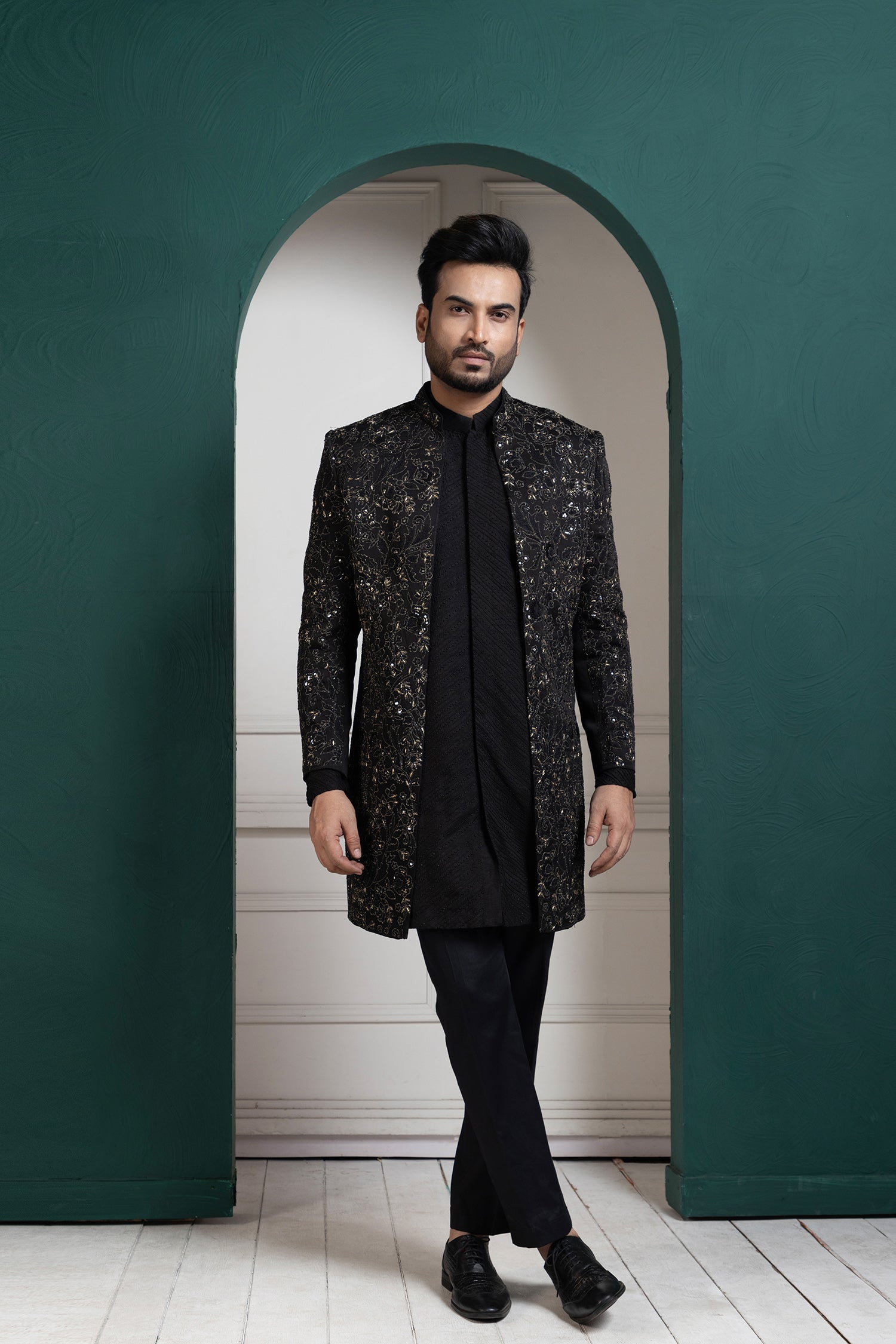 Midnight Black Embroidered Achkan