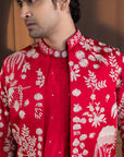 Crimson Palm Grove Embroidered Nehru and Kurta Set