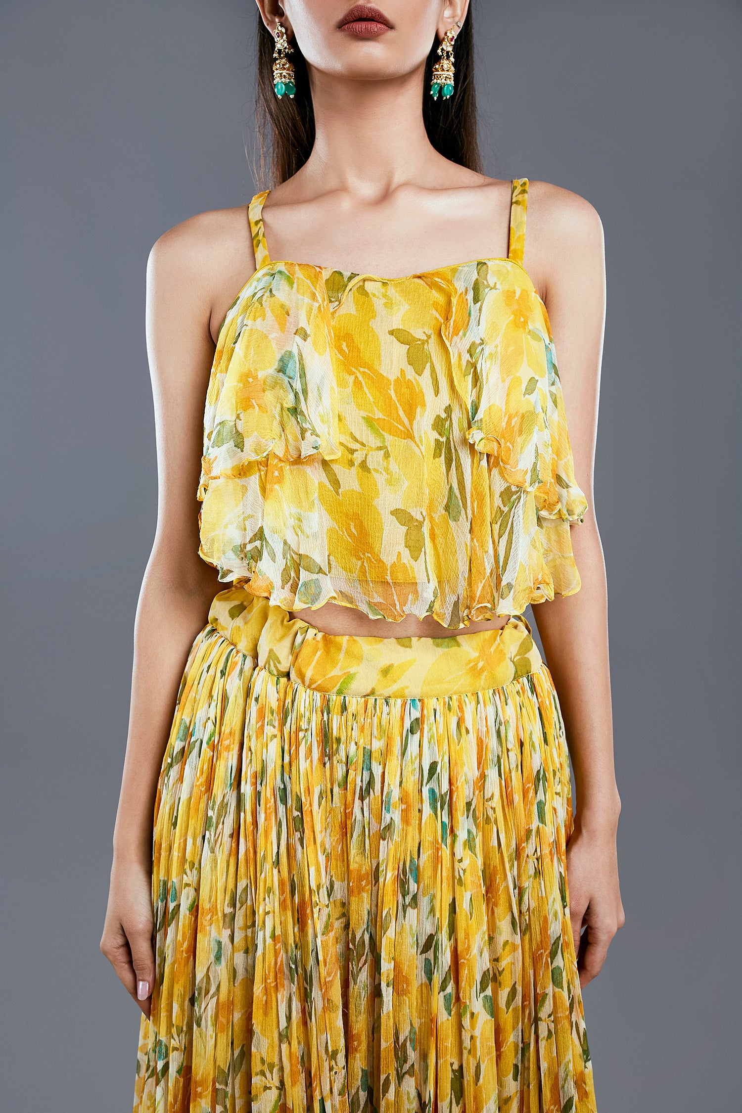 Yellow Gorgeous Chiffon Top And Flared Skirt