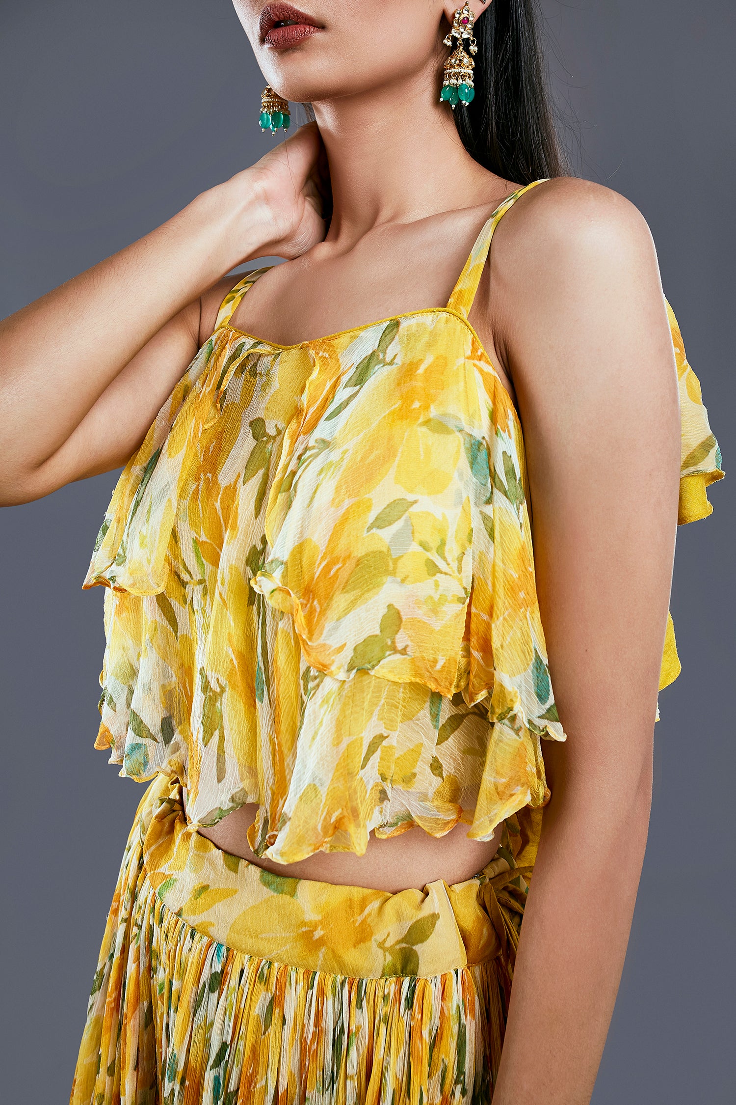Yellow Gorgeous Chiffon Top And Flared Skirt
