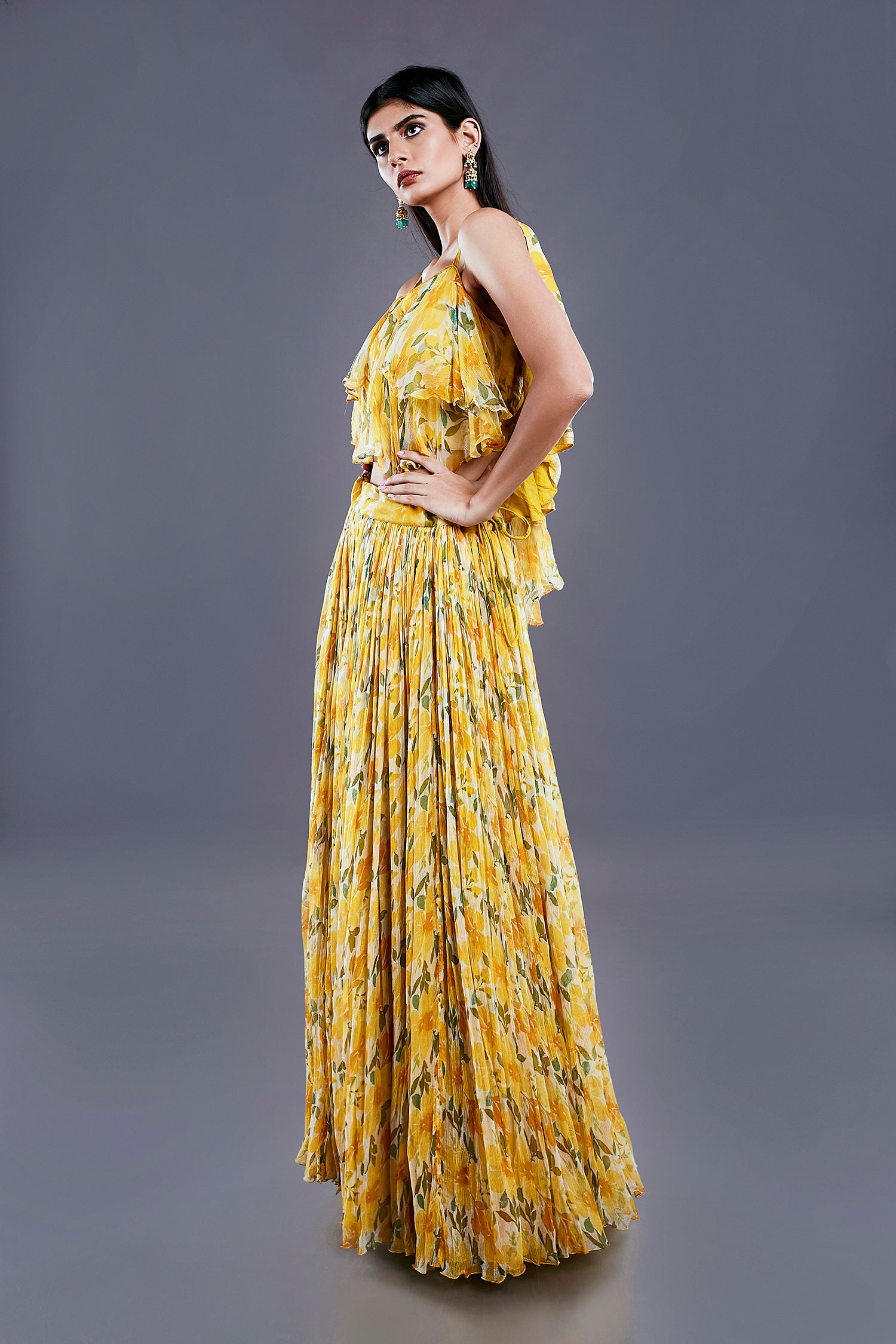 Yellow Gorgeous Chiffon Top And Flared Skirt