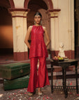 Haina Red Chanderi Top With Bell Button Pants