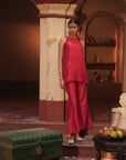 Haina Red Chanderi Top With Bell Button Pants