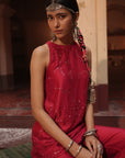 Haina Red Chanderi Top With Bell Button Pants