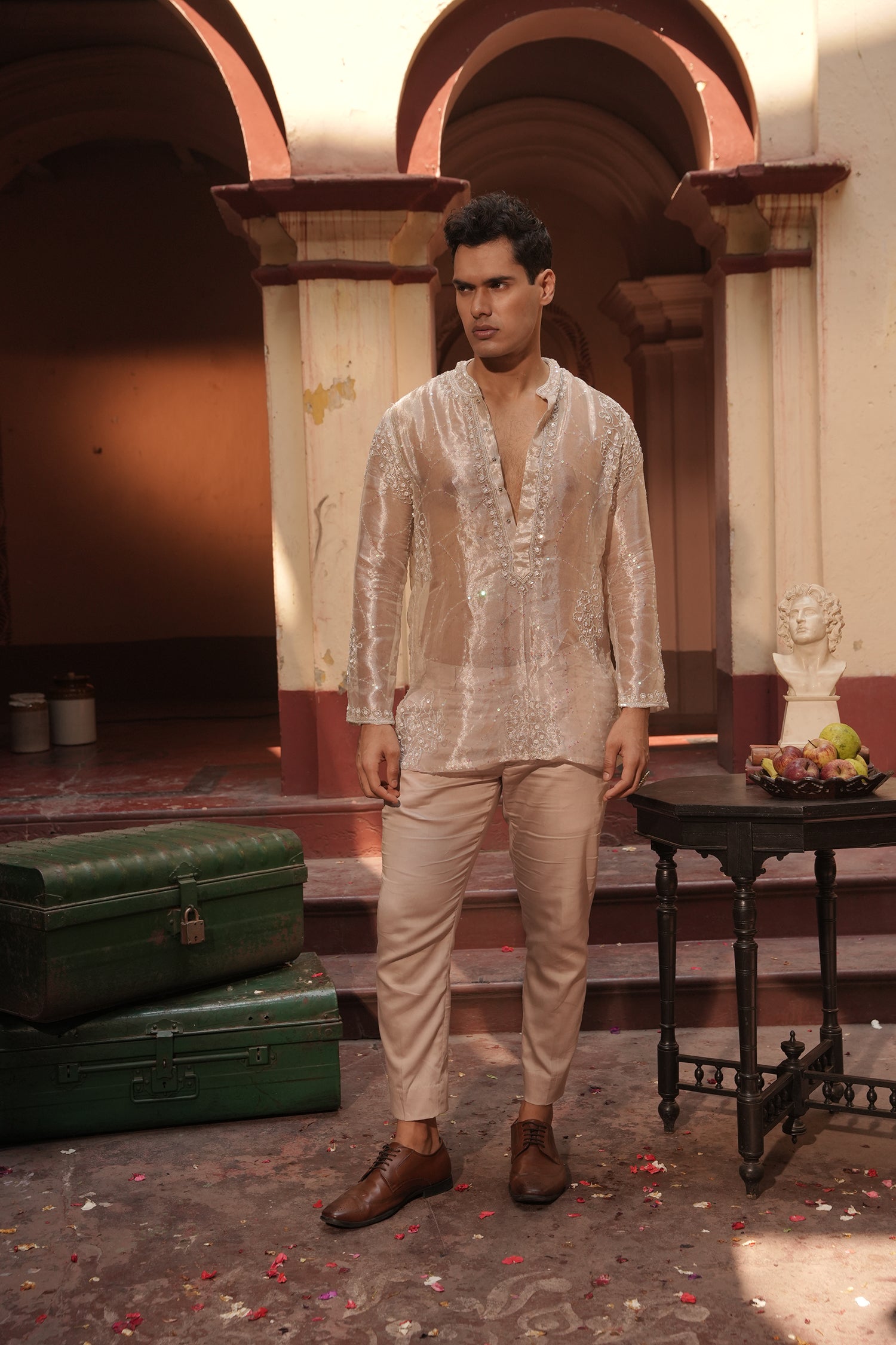 Aziz Silver Silk Tissue Kurta Set