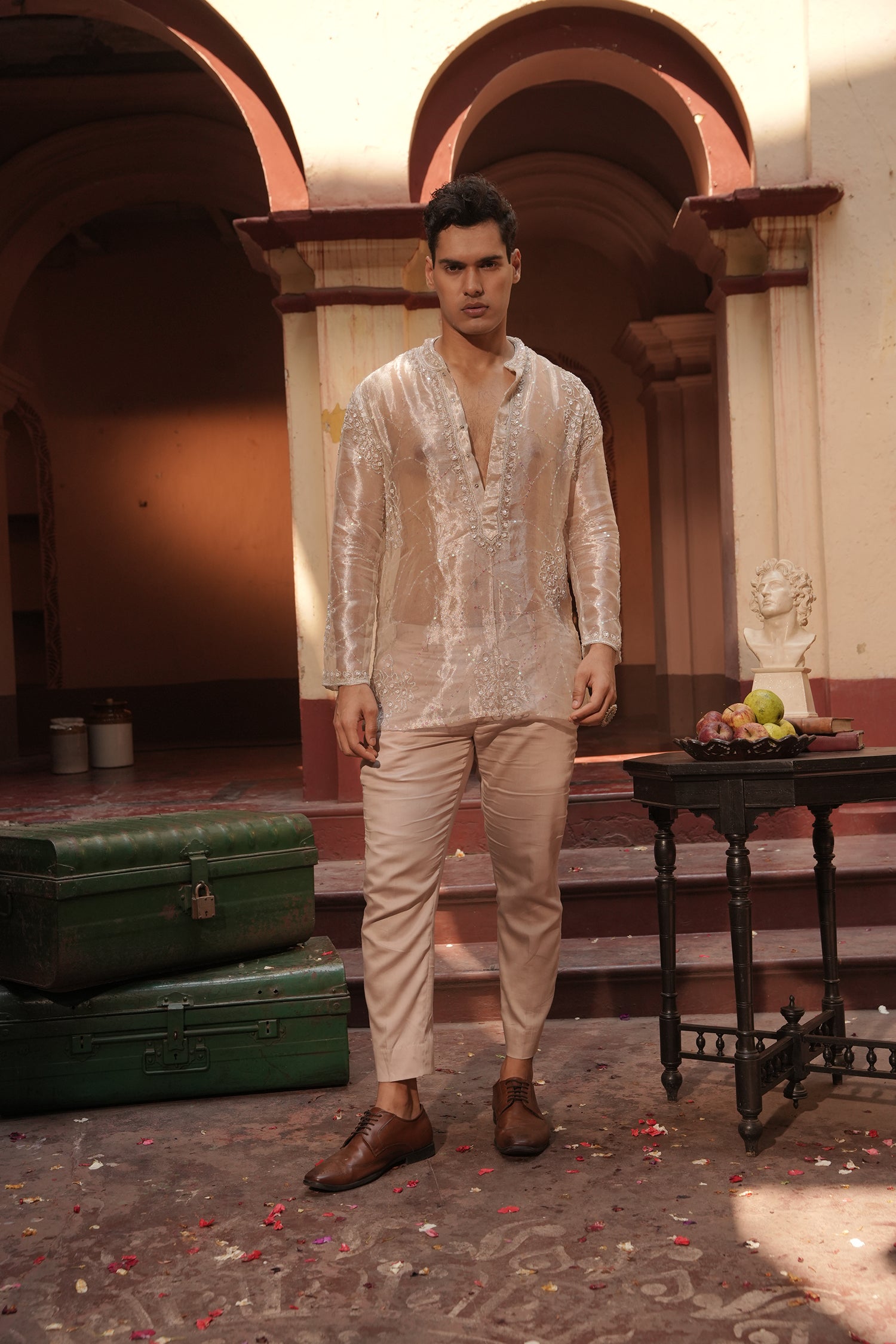 Aziz Silver Silk Tissue Kurta Set