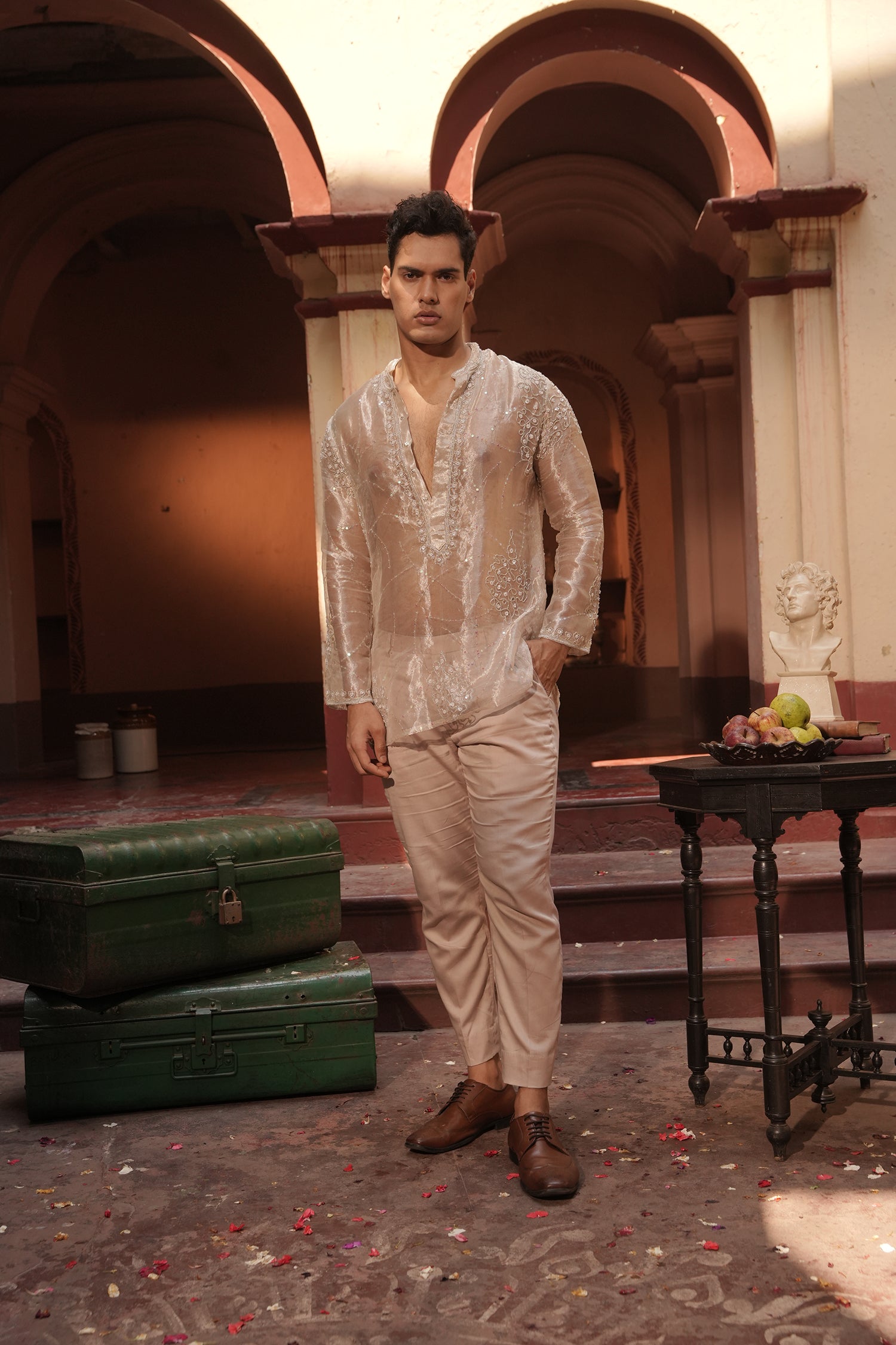 Rishabh Nude Silk Chanderi  Kurta Set