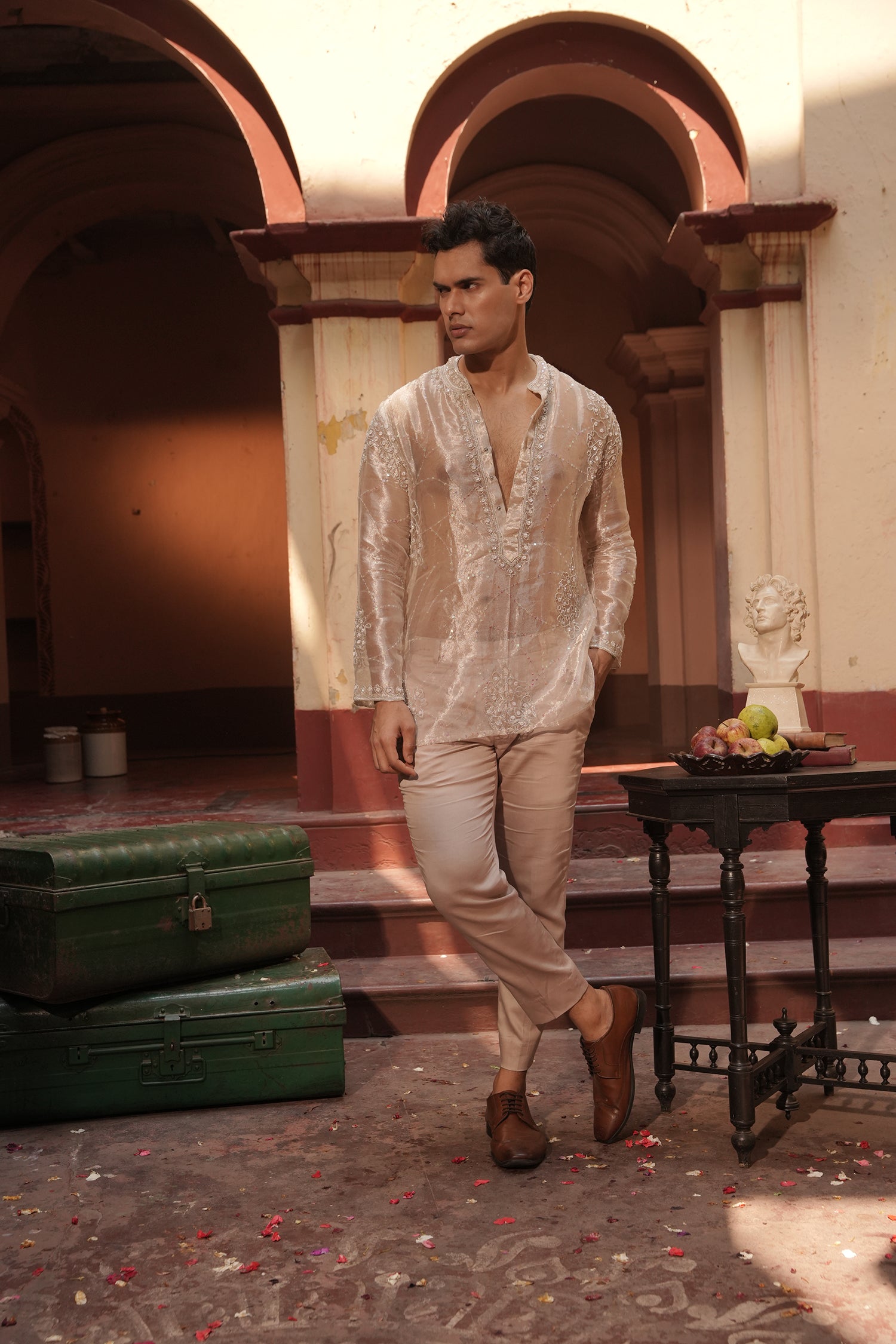 Rishabh Nude Silk Chanderi  Kurta Set