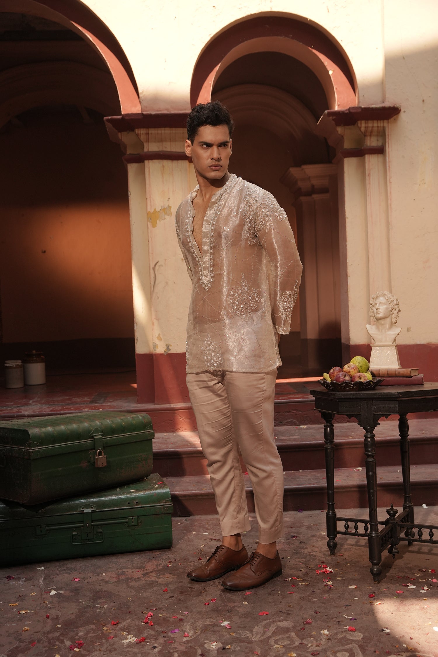 Aziz Silver Silk Tissue Kurta Set