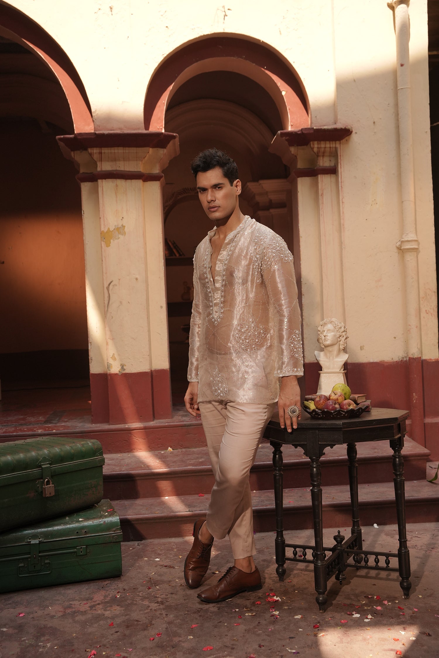 Aziz Silver Silk Tissue Kurta Set