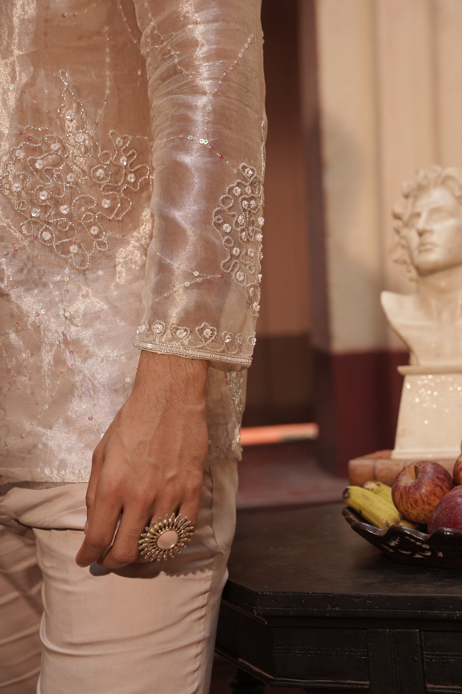 Aziz Silver Silk Tissue Kurta Set