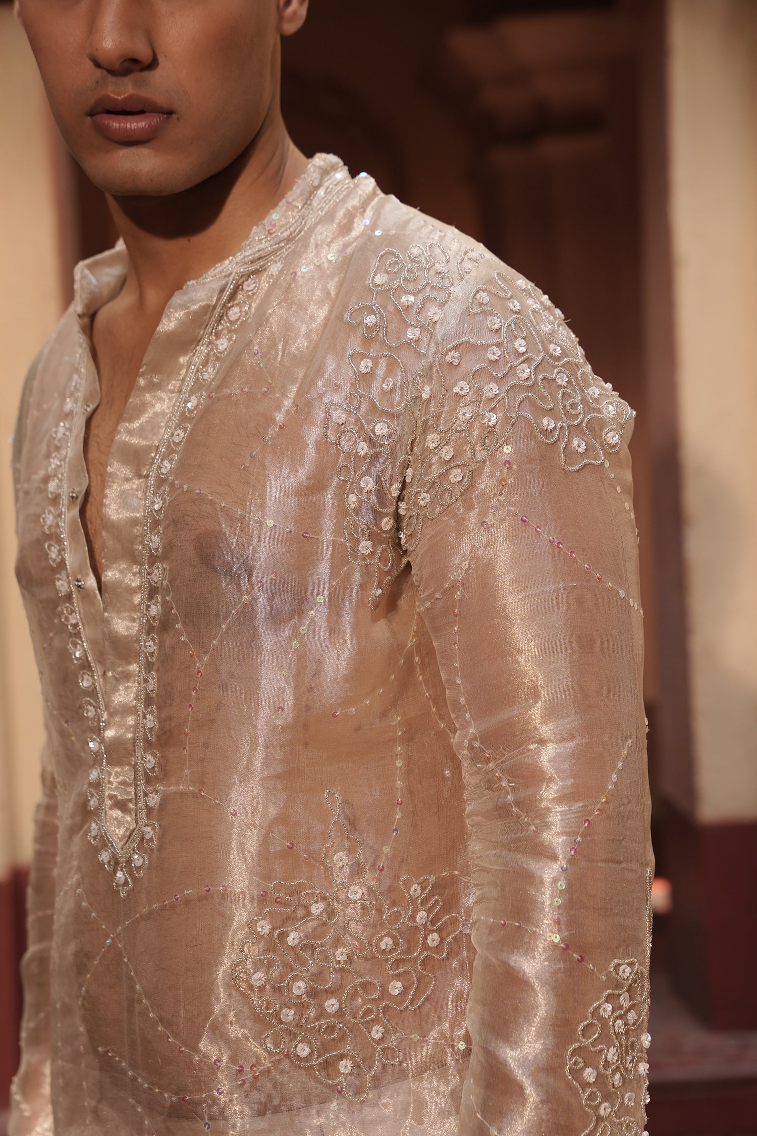 Rishabh Nude Silk Chanderi  Kurta Set