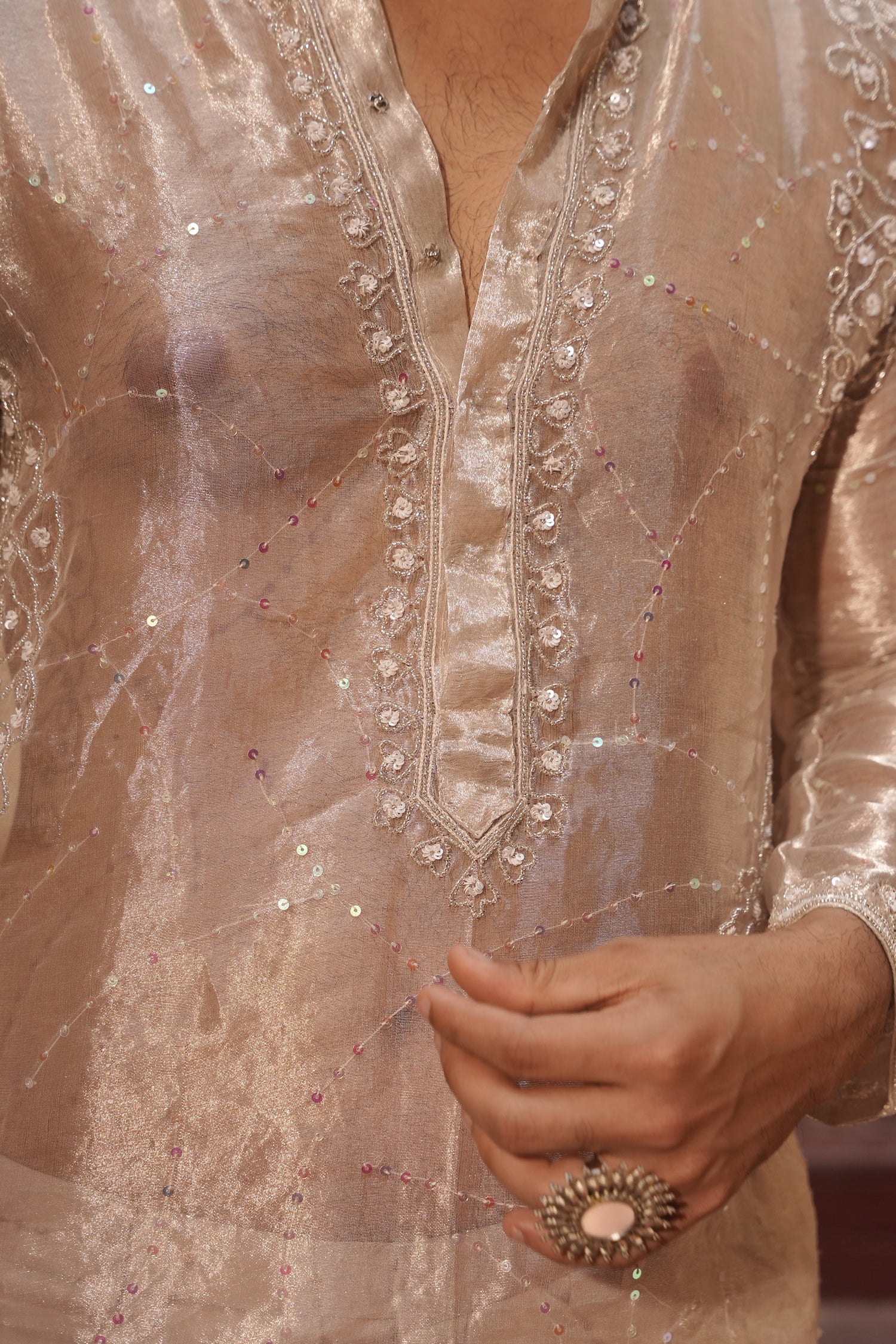 Aziz Silver Silk Tissue Kurta Set