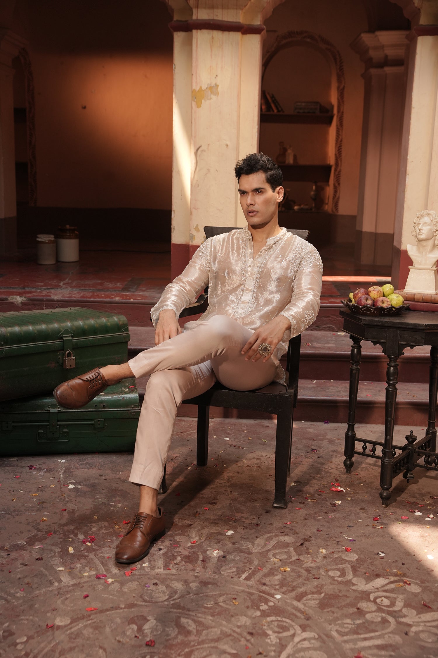 Aziz Silver Silk Tissue Kurta Set