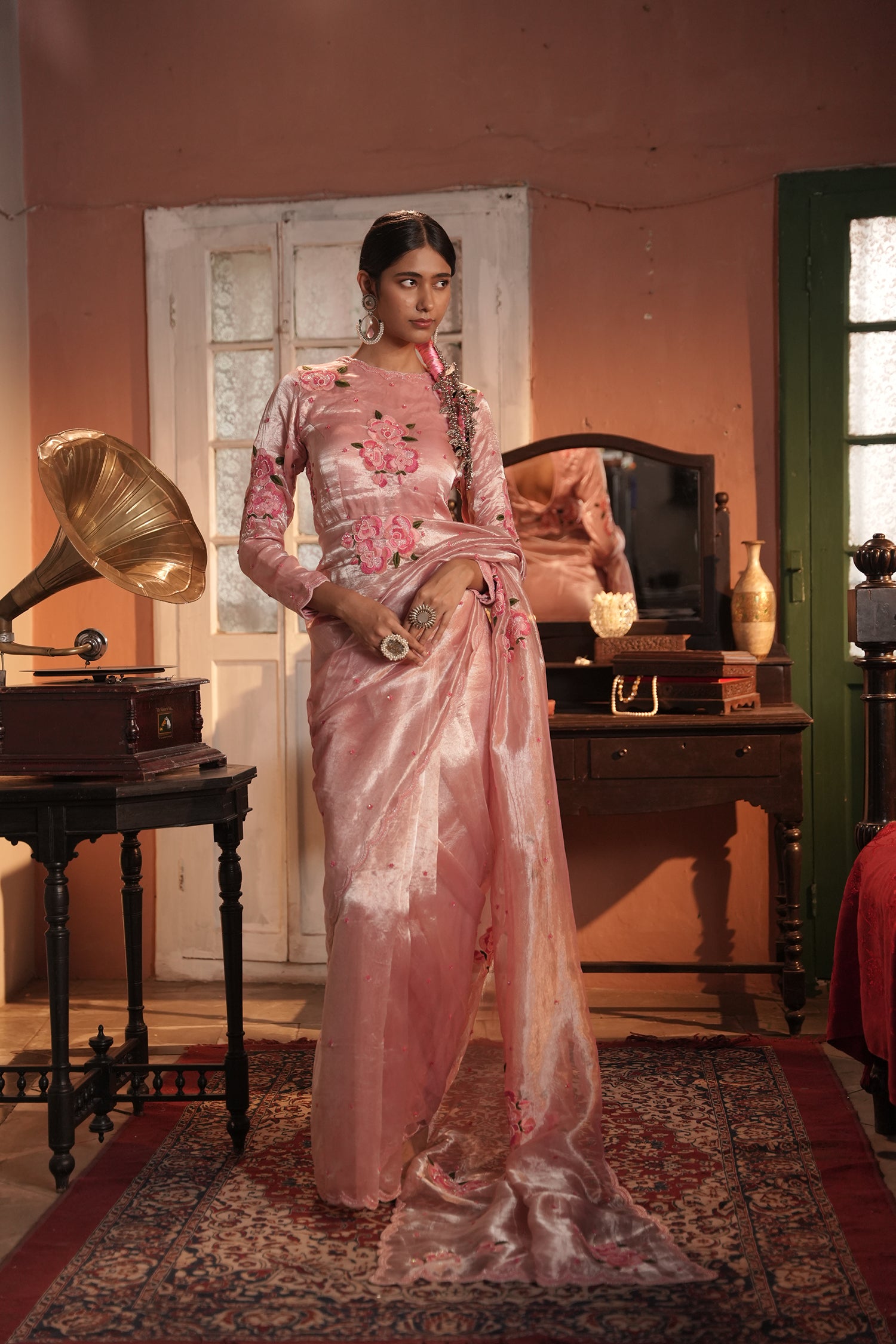 Zohra Pink Silver Silk Tissue Saree