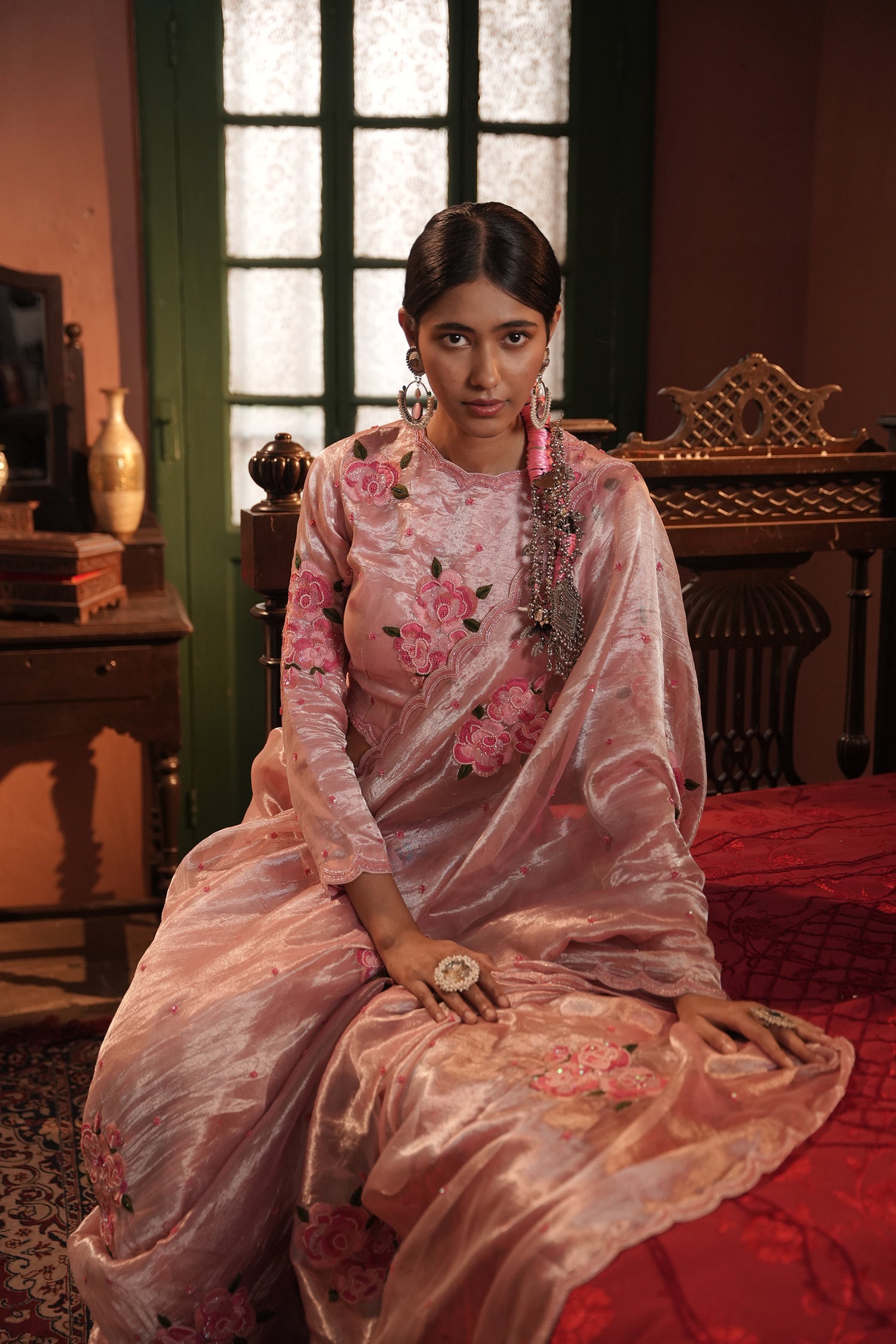 Zohra Pink Silver Silk Tissue Saree