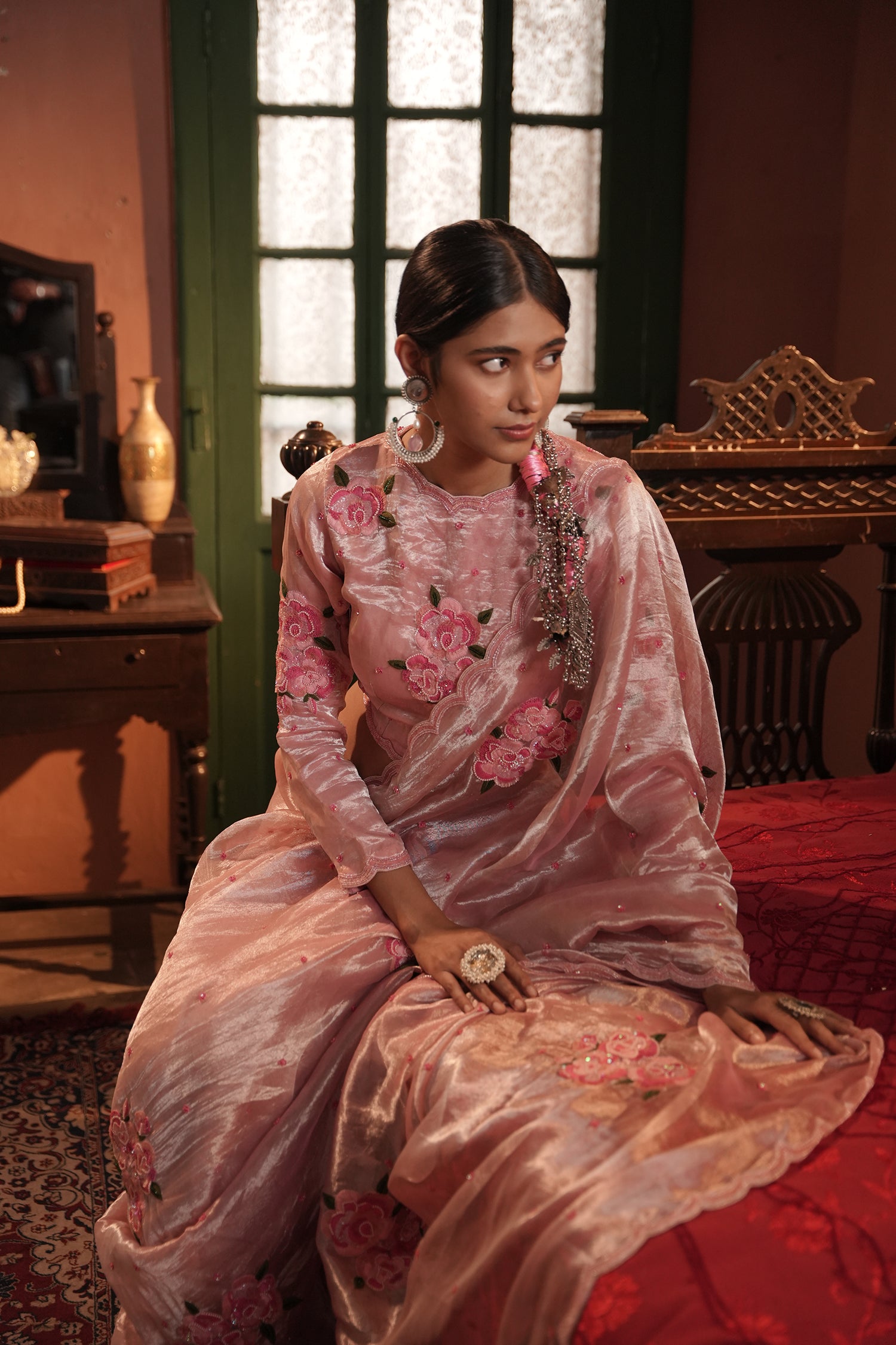 Zohra Pink Silver Silk Tissue Saree