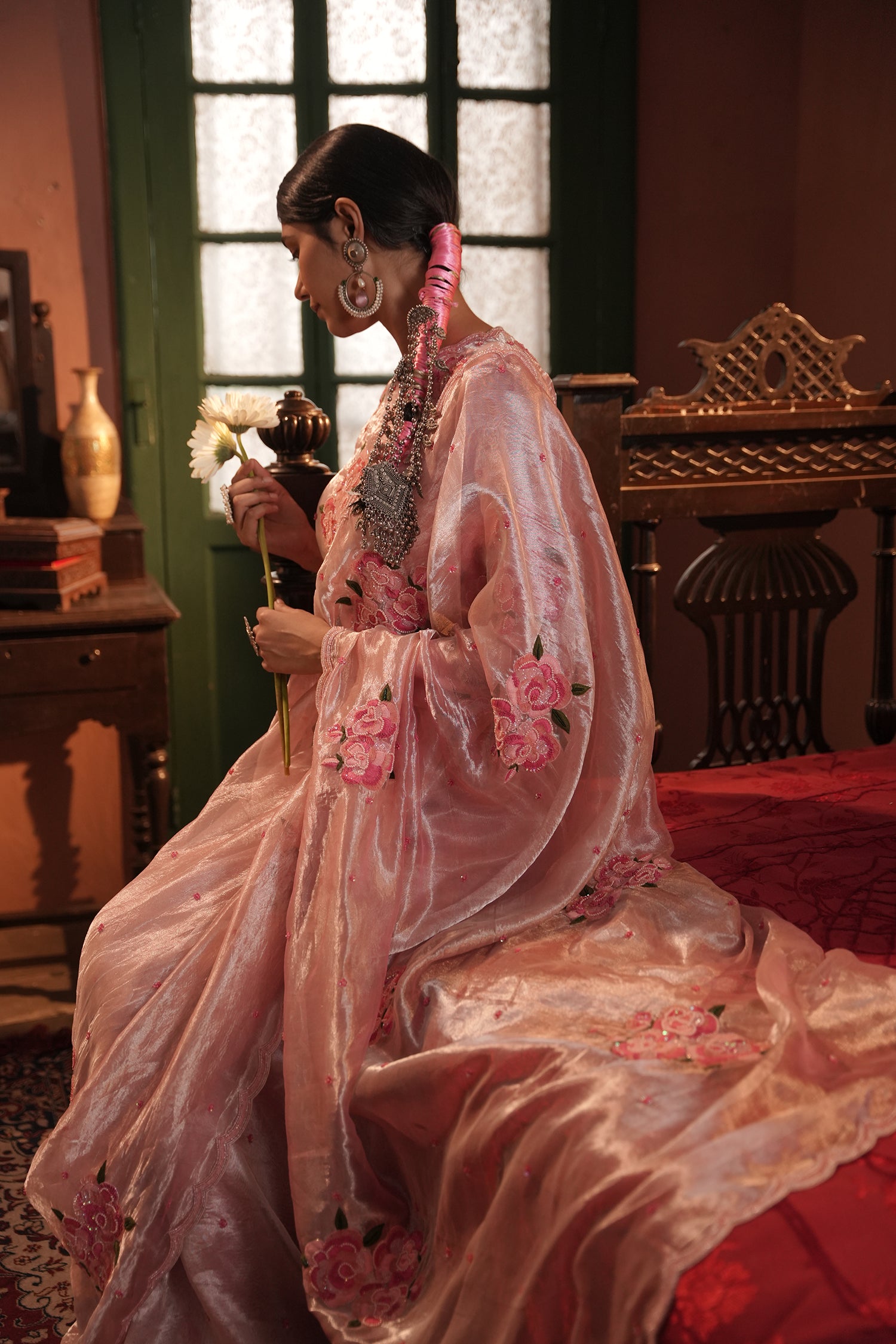 Zohra Pink Silver Silk Tissue Saree