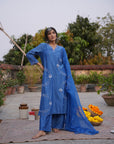 Hafsa Royal Blue Silk Chanderi Kurta Set