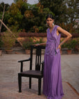 Aafia Amethyst Shade Georgette Pleated Skirt With Silk Chanderi Overlap Jacket