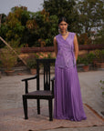 Aafia Amethyst Shade Georgette Pleated Skirt With Silk Chanderi Overlap Jacket