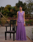Aafia Amethyst Shade Georgette Pleated Skirt With Silk Chanderi Overlap Jacket