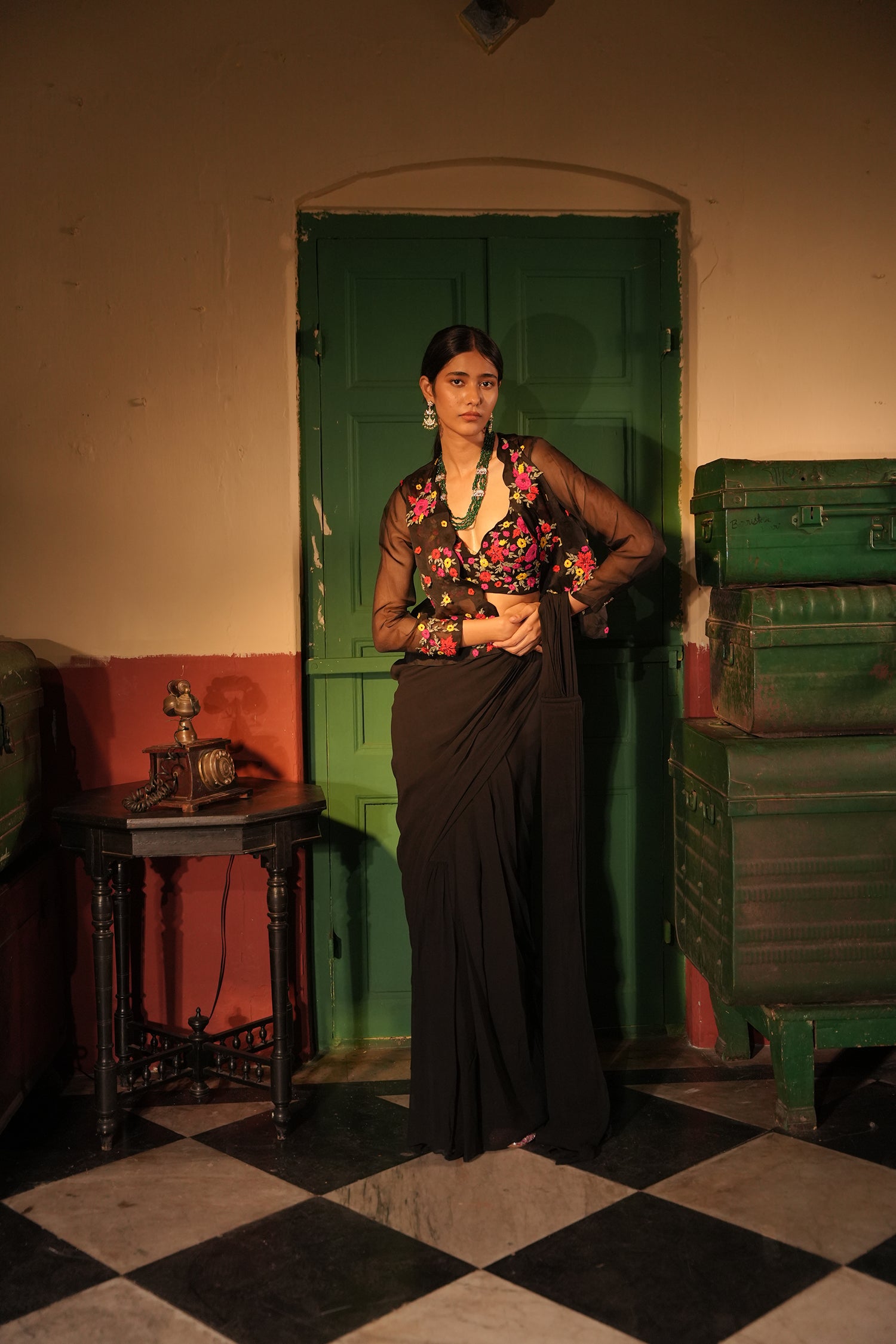 Urwa Black Drape Saree Set