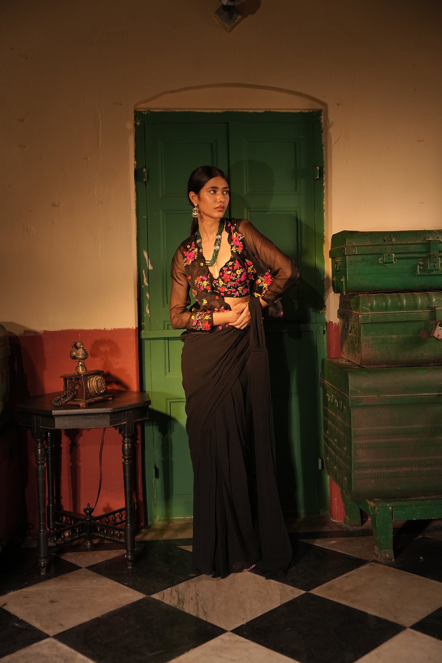 Urwa Black Drape Saree Set