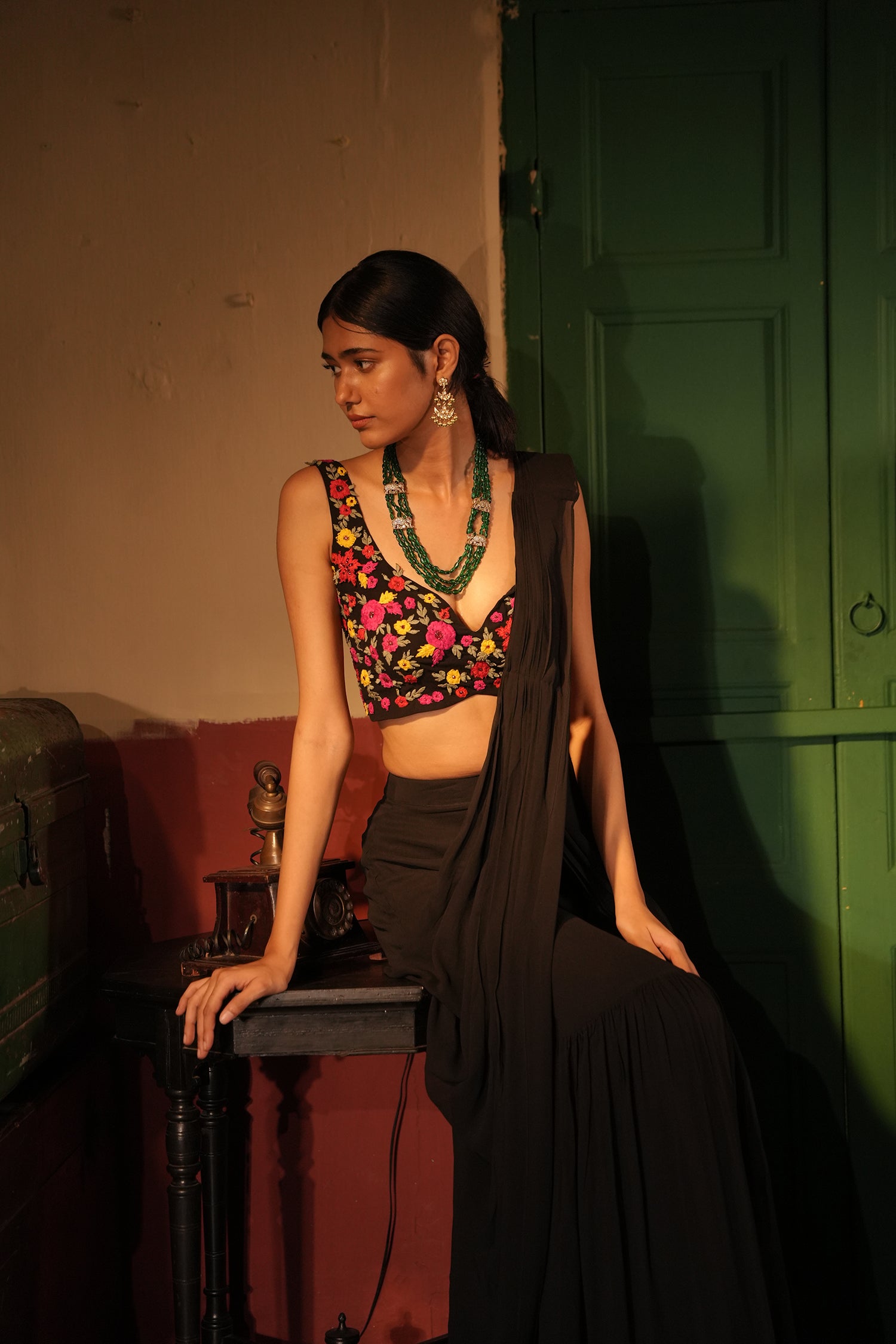 Urwa Black Drape Saree Set