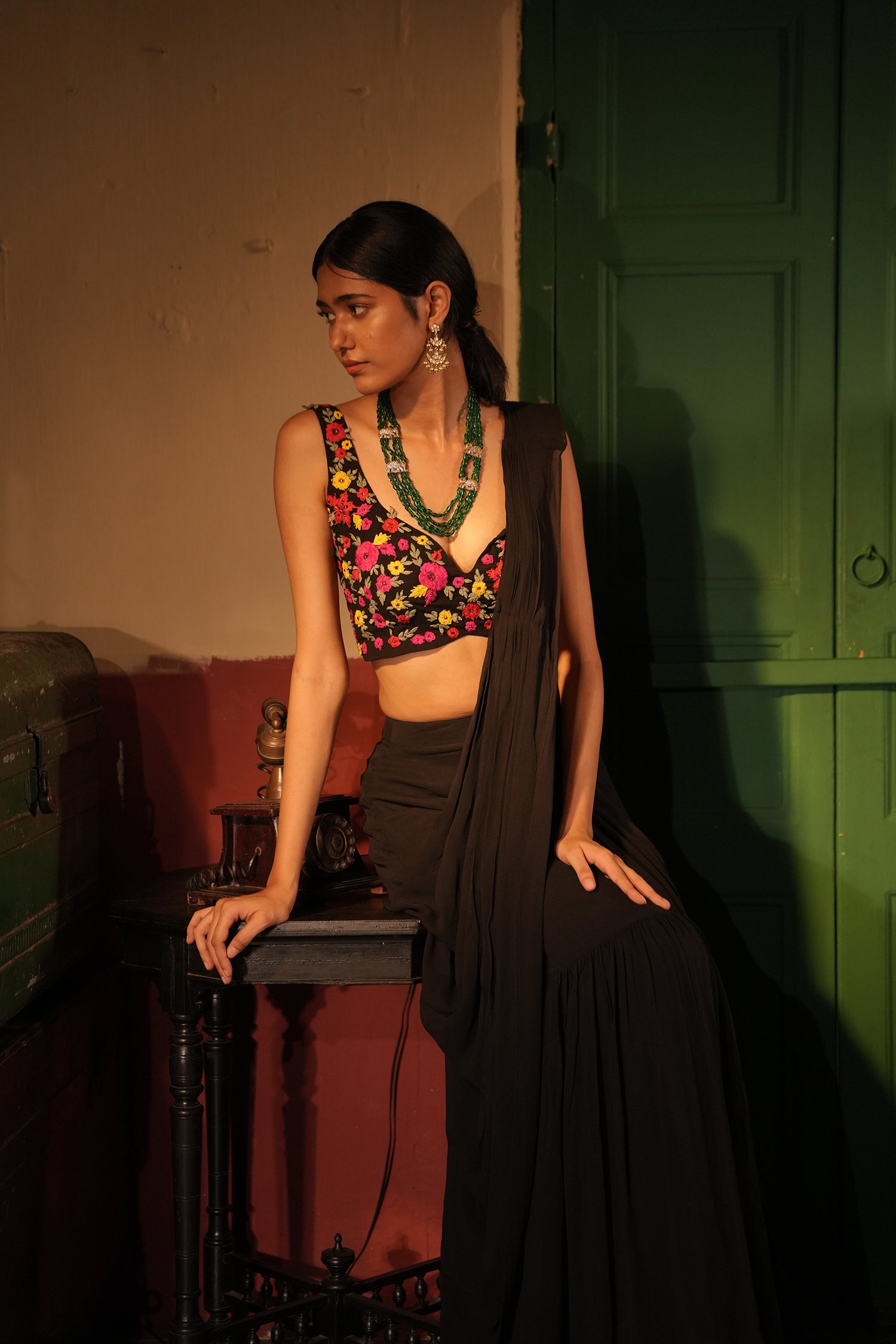 Urwa Black Drape Saree Set