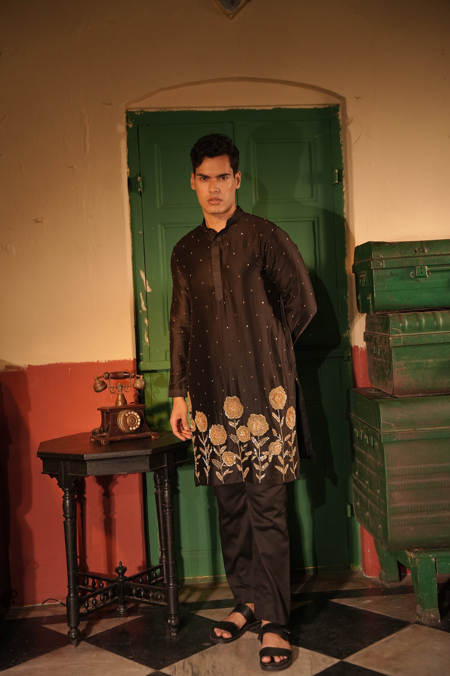 Rahim Black Silk Chanderi Kurta Set