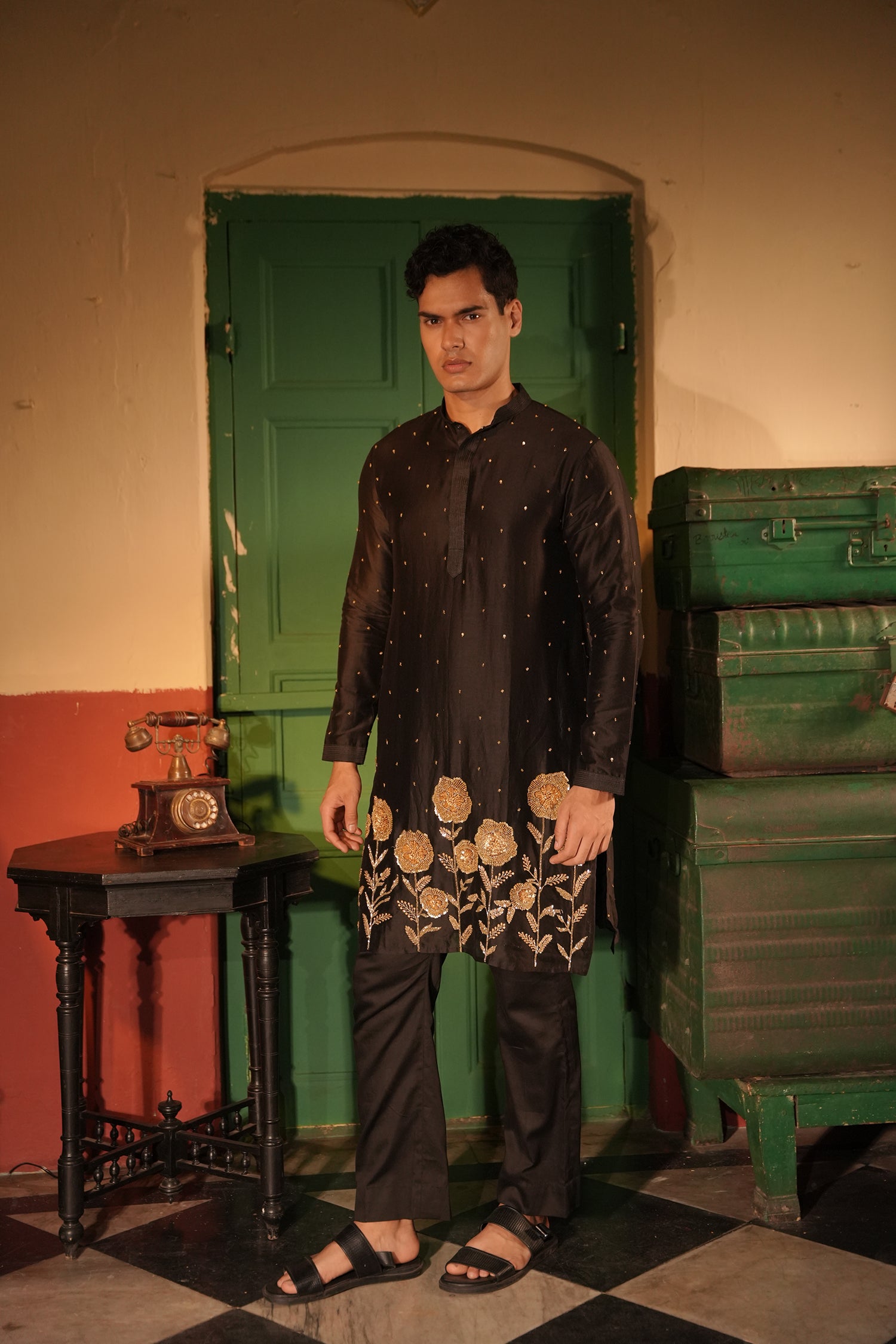 Rahim Black Silk Chanderi Kurta Set