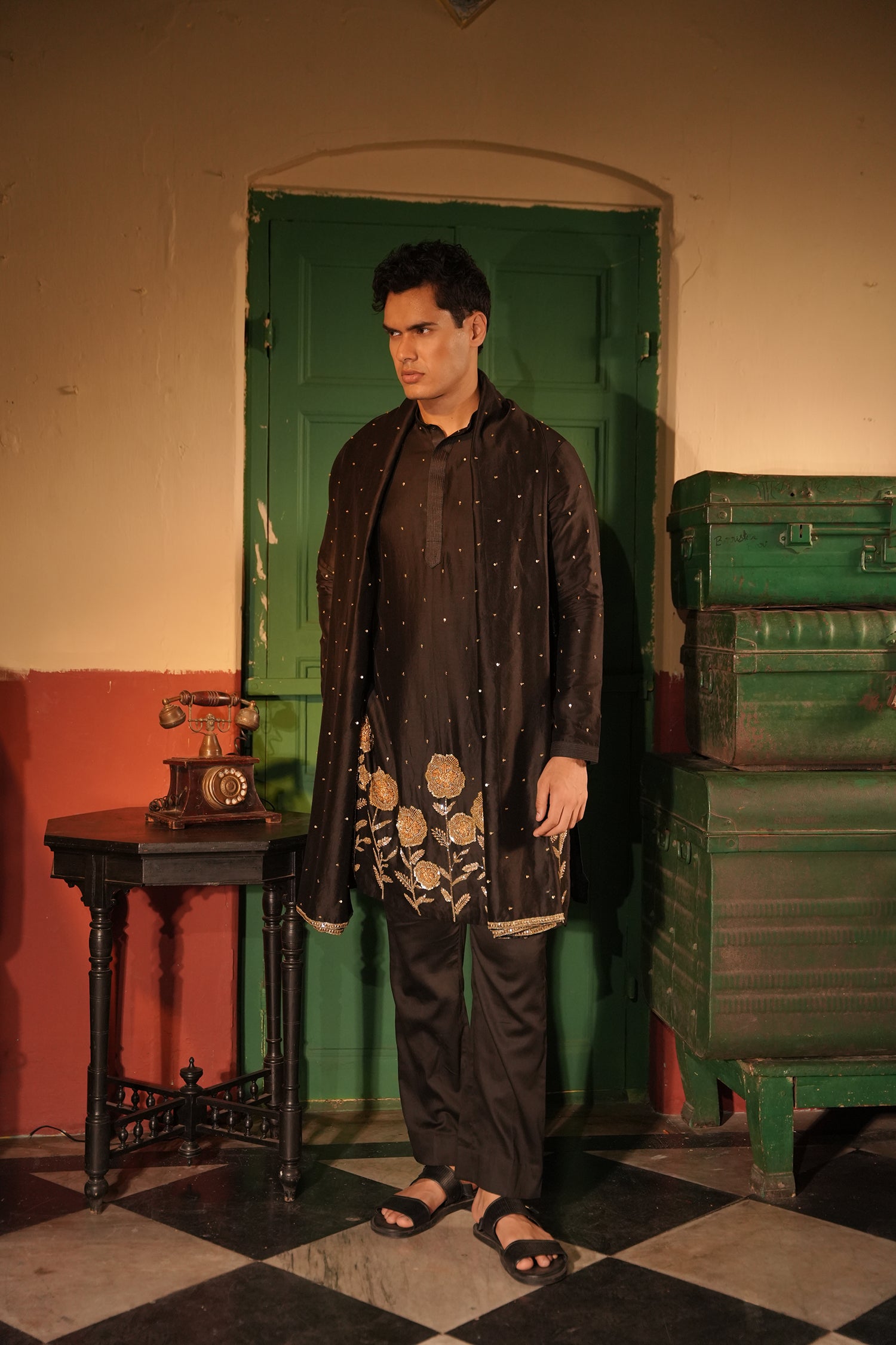 Rahim Black Silk Chanderi Kurta Set