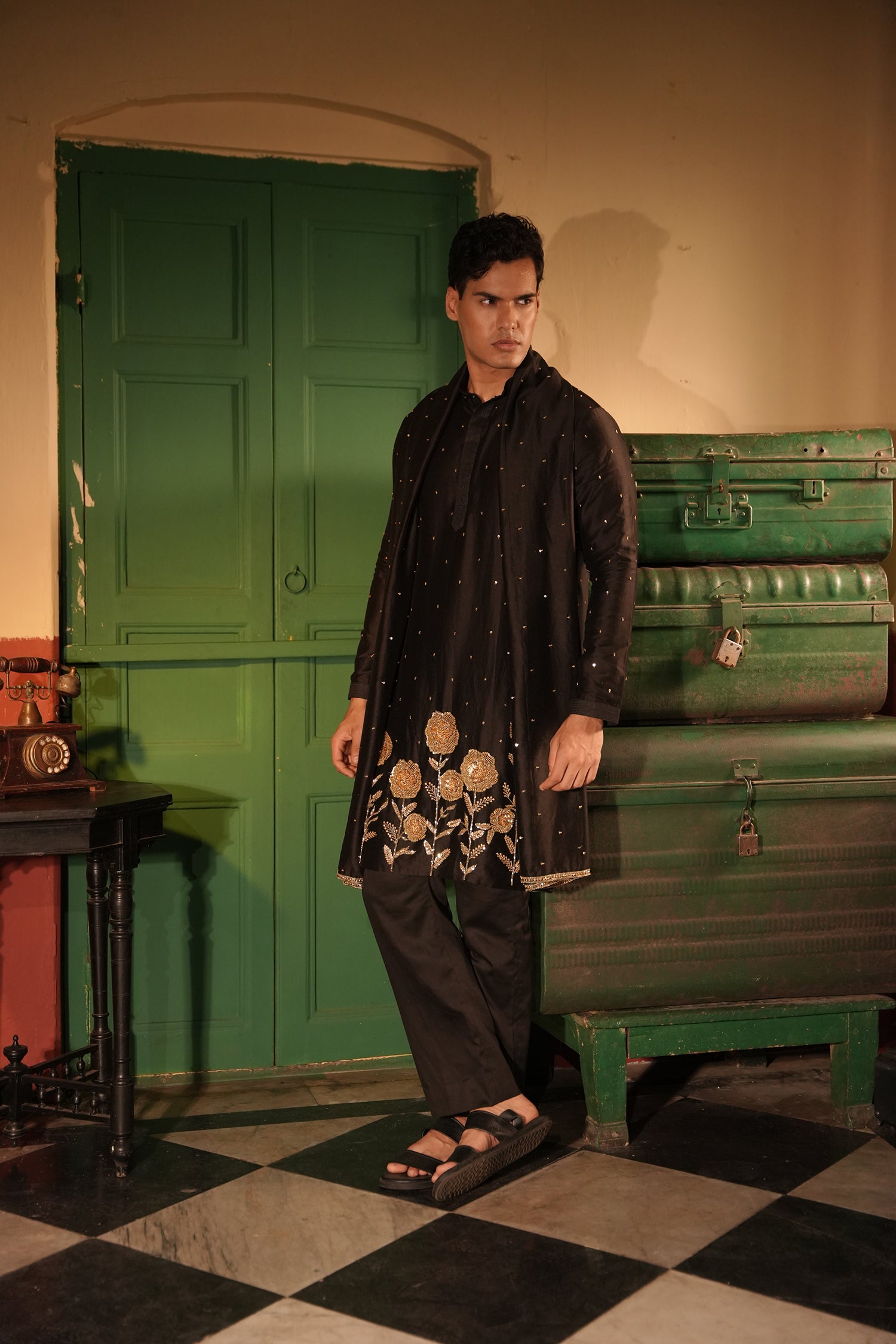 Rahim Black Silk Chanderi Kurta Set