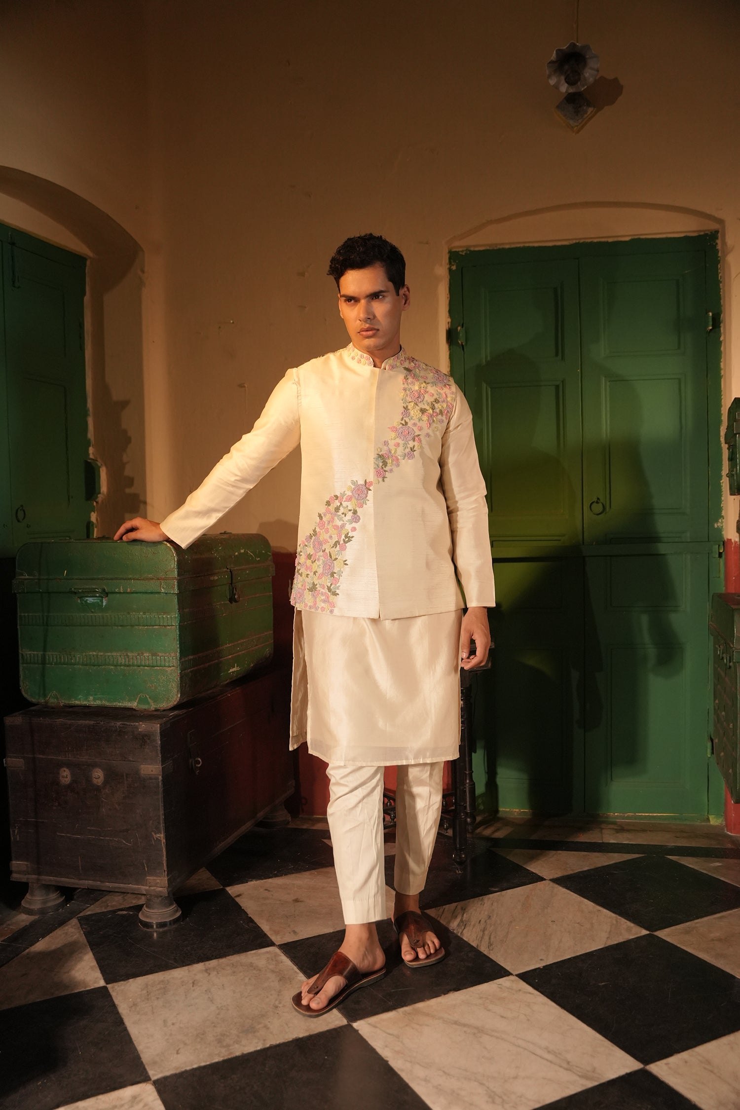 Ibrahim Off White Rawsilk Bandi Set