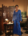 Faiza Blue Applique Emb Drape Skirt Set