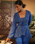 Faiza Blue Applique Emb Drape Skirt Set
