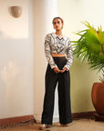 TT White With Black Pearl Crop Top With Pants