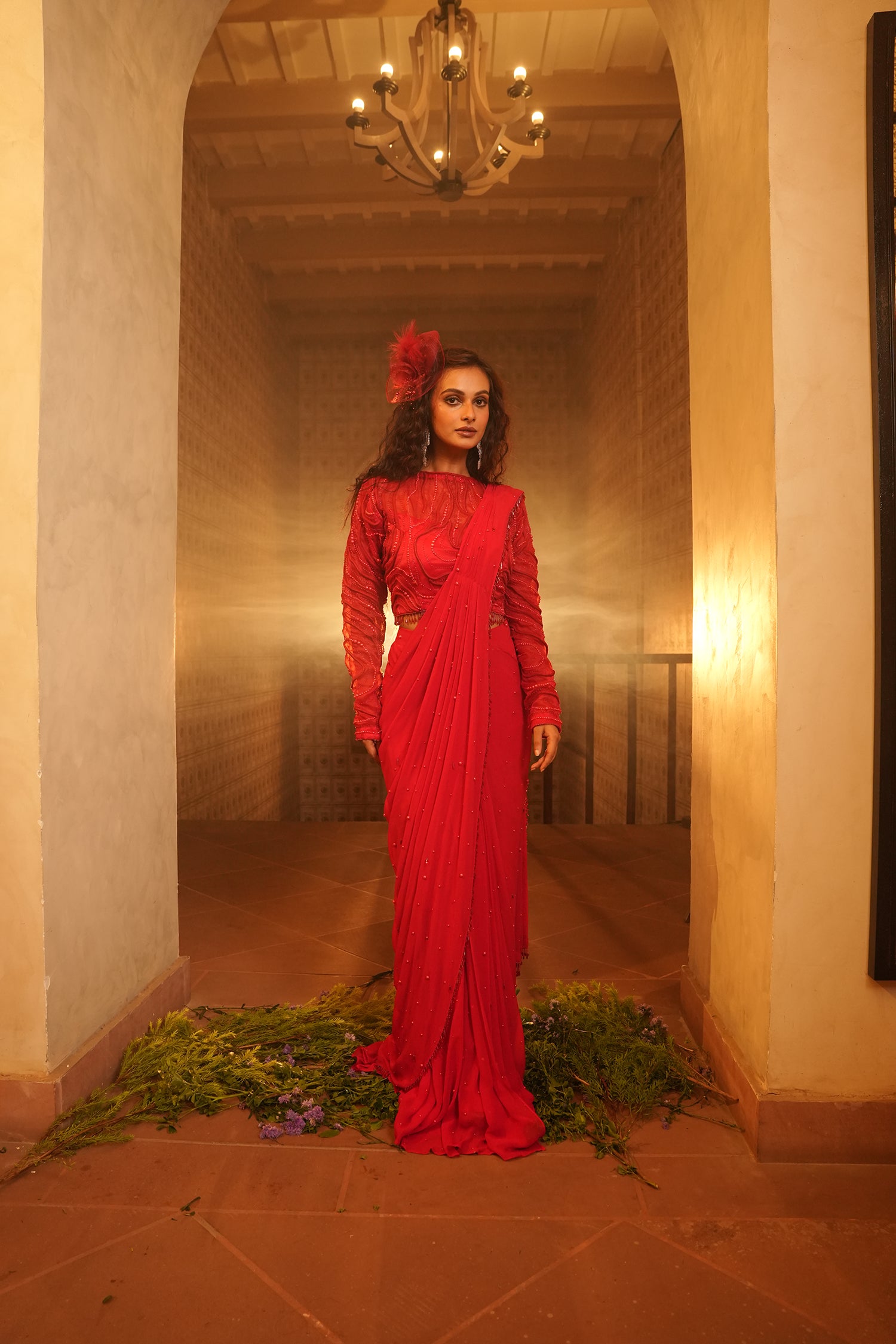 TT Red Blouse With Drape Saree