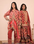 Persian Red Asymmetric Hem Kurta Set in Crepe Fabric with Canvas tote bag