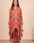 Persian Red Asymmetric Hem Kurta Set in Crepe Fabric with Canvas tote bag