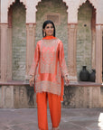 Orange Brocade Kurti Pant Set Designer Indian Ethnic Wear