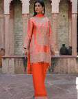 Orange Brocade Kurti Pant Set Designer Indian Ethnic Wear
