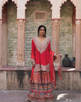 Stunning Red Chinon Kurti Crepe Sharara Suit