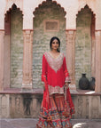 Stunning Red Chinon Kurti Crepe Sharara Suit
