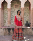 Stunning Red Chinon Kurti Crepe Sharara Suit